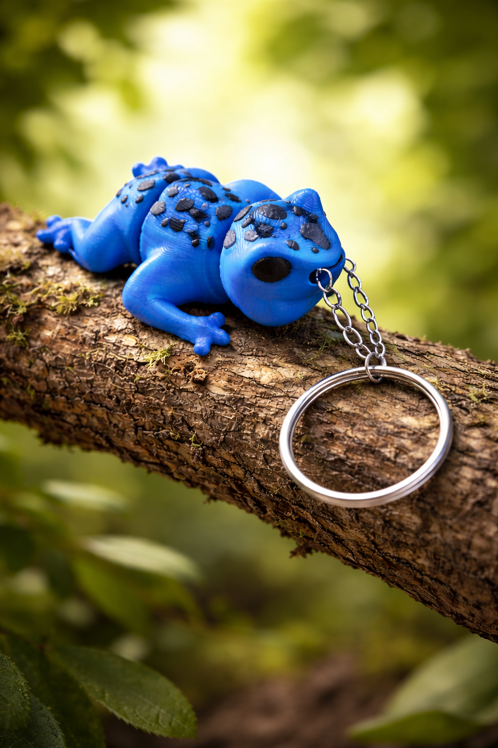 Blue 3D printed frog keychain on a branch
